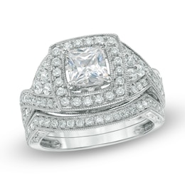 Previously Owned - 1-5/8 CT. T.W. Princess-Cut Diamond Vintage-Style Frame Bridal Set in 14K White Gold