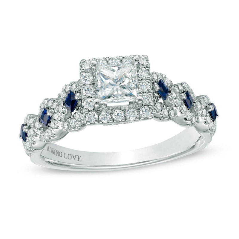 Previously Owned - Vera Wang Love Collection 1 CT. T.W. Diamond and Blue Sapphire Engagement Ring in 14K White Gold