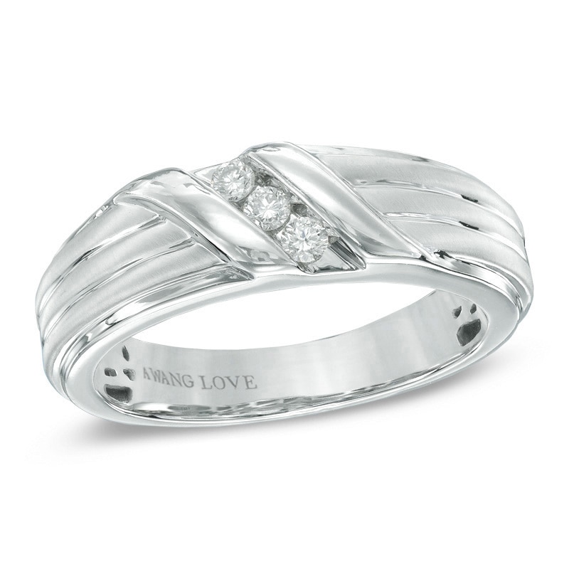 Previously Owned - Vera Wang Love Collection Men's 1/8 CT. T.W. Diamond Three Stone Wedding Band in 14K White Gold