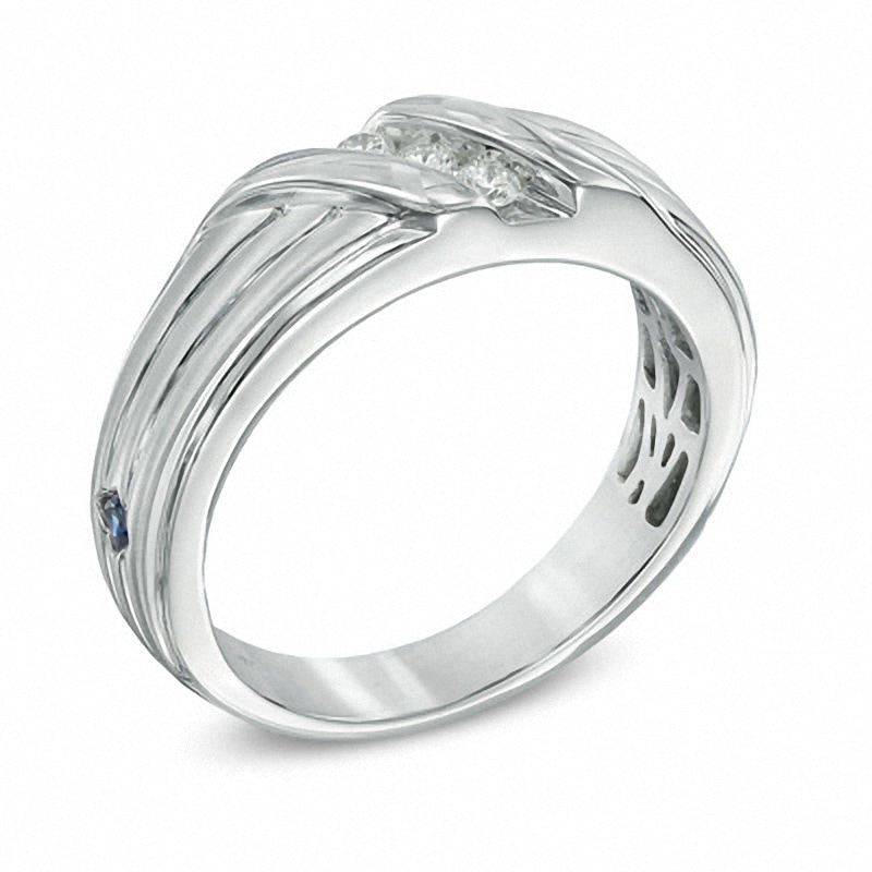 Main Image 2 of Previously Owned - Vera Wang Men's 1/8 CT. T.W. Diamond Three Stone Wedding Band in 14K White Gold