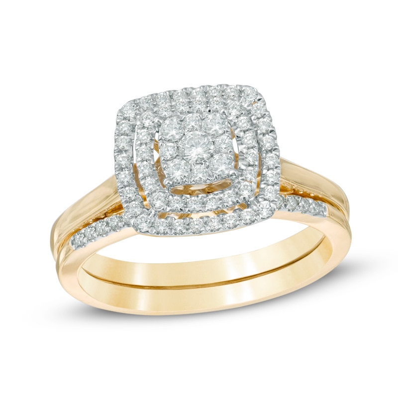 Main Image 1 of Previously Owned - 1/2 CT. T.W. Cushion-Shaped Multi-Diamond Double Frame Bridal Set in 10K Gold