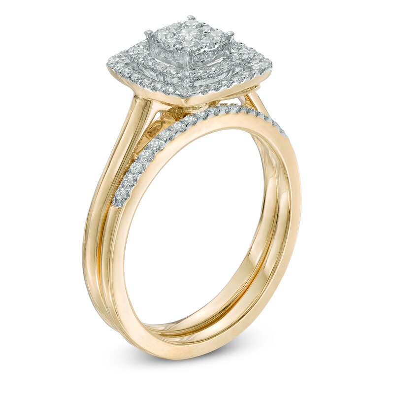 Main Image 2 of Previously Owned - 1/2 CT. T.W. Cushion-Shaped Multi-Diamond Double Frame Bridal Set in 10K Gold