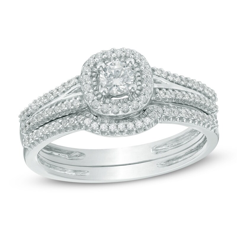 Previously Owned - 3/8 CT. T.W. Diamond Frame Split Shank Vintage-Style Bridal Set In 10K White Gold