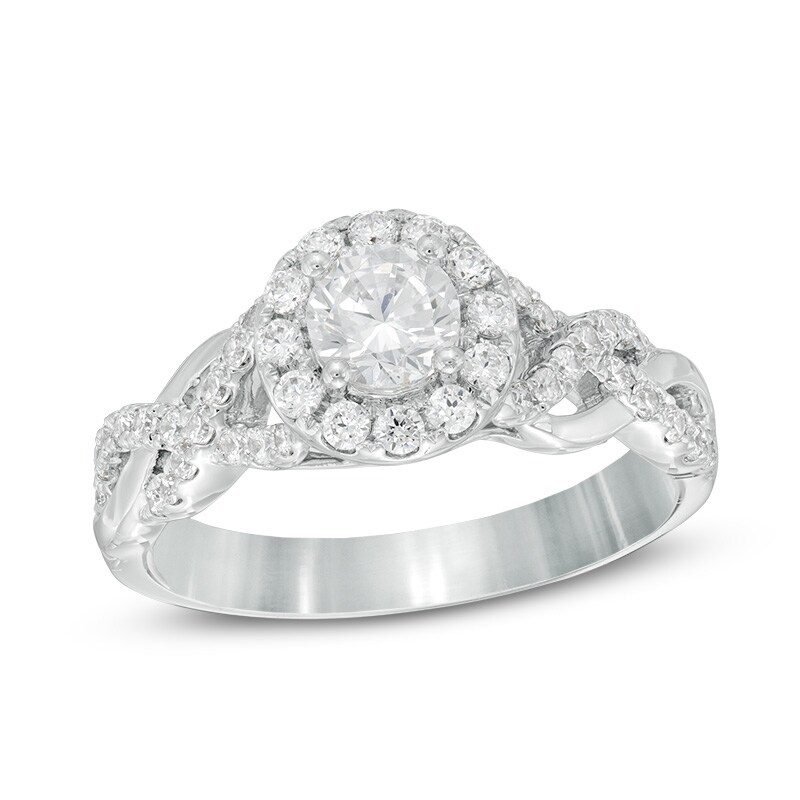 Previously Owned - Celebration Ideal 1 CT. T.W. Diamond Frame Braid Engagement Ring in 14K White Gold (I/I1)