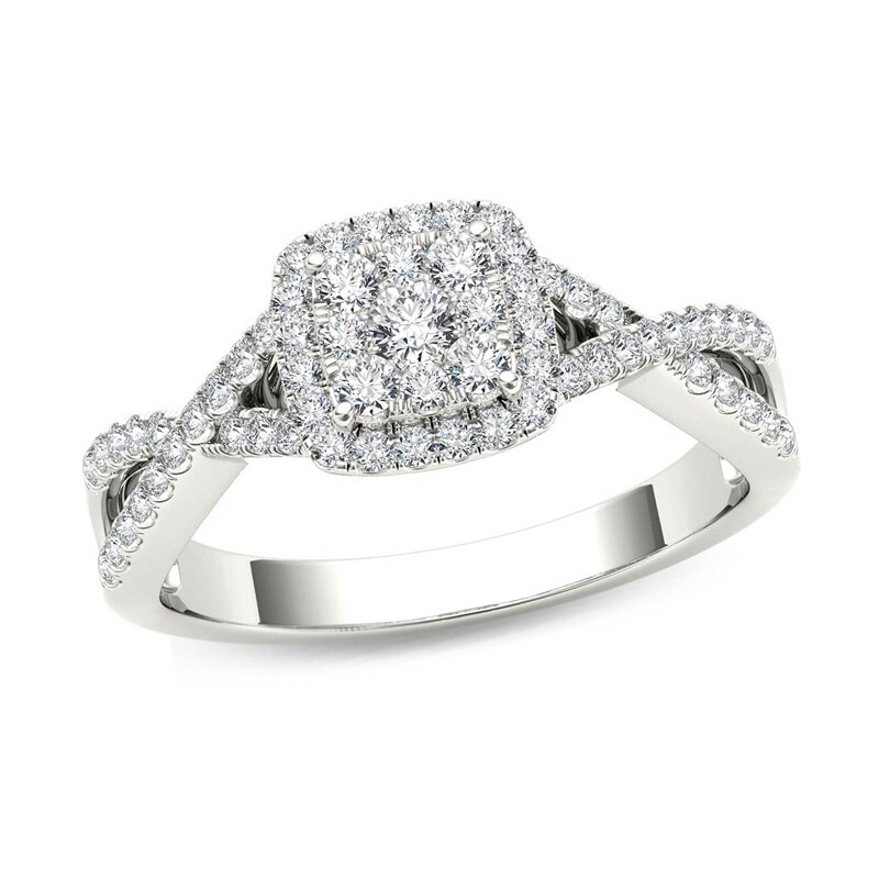 Main Image 1 of Previously Owned - 3/8 CT. T.W. Composite Diamond Square Frame Crossover Engagement Ring in 14K White Gold