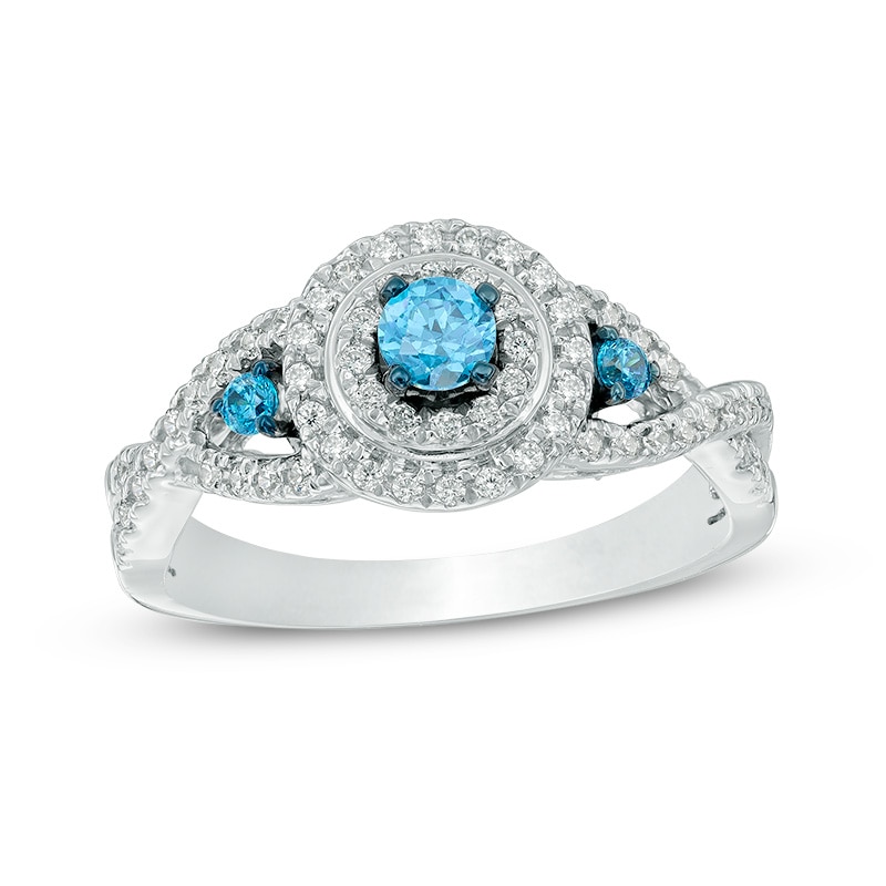 Main Image 1 of Previously Owned - 5/8 CT. T.W. Enhanced Blue and White Diamond Double Frame Engagement Ring in 10K White Gold
