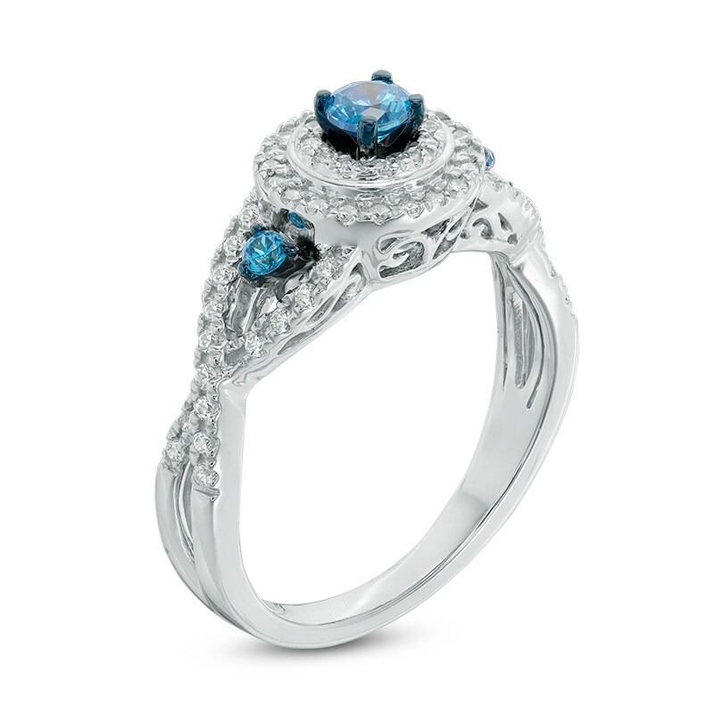 Main Image 2 of Previously Owned - 5/8 CT. T.W. Enhanced Blue and White Diamond Double Frame Engagement Ring in 10K White Gold