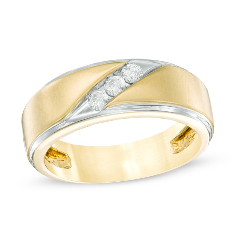 Previously Owned - Men's 1/3 CT. T.W. Diamond Satin Three Stone Slant Wedding Band in 10K Gold