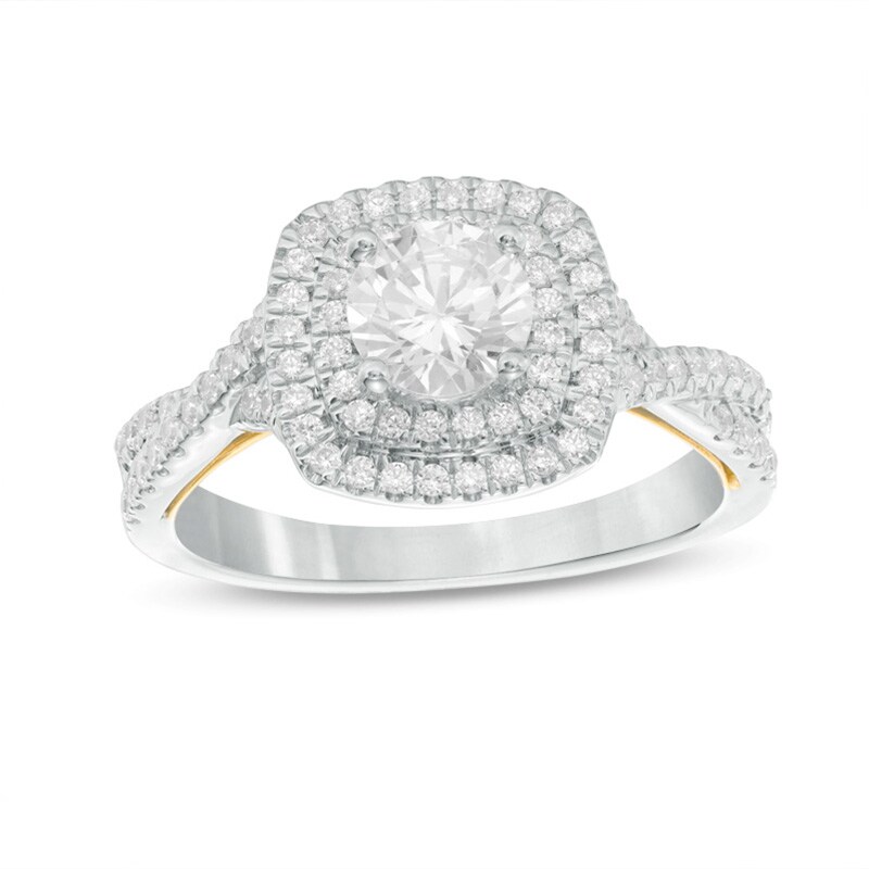 Previously Owned - 1-1/6 CT. T.W. Diamond Cushion Frame Twist Engagement Ring in 14K Two-Tone Gold