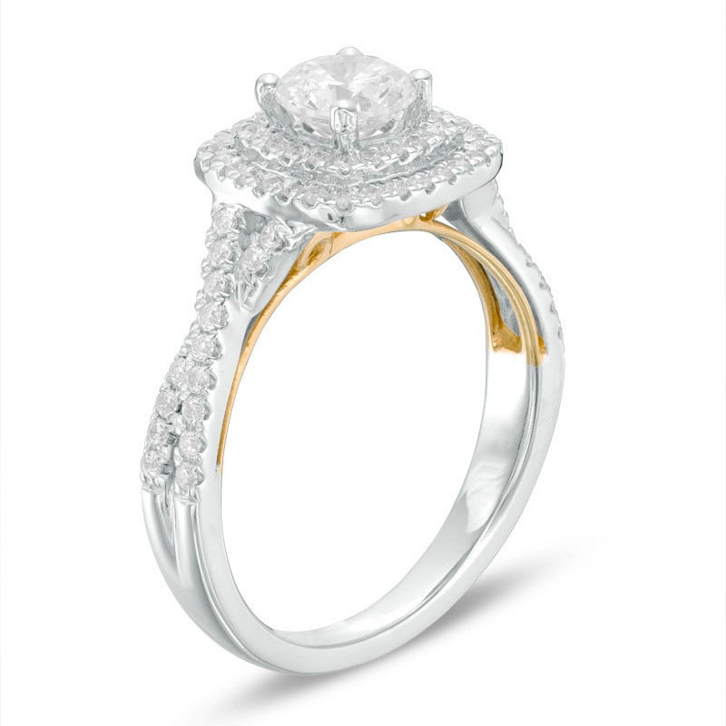 Previously Owned - 1-1/6 CT. T.W. Diamond Cushion Frame Twist Engagement Ring in 14K Two-Tone Gold