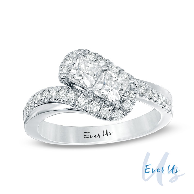 Previously Owned - Ever Us® 1 CT. T.W. Two-Stone Princess-Cut Diamond Tilted Bypass Frame Ring in 14K White Gold