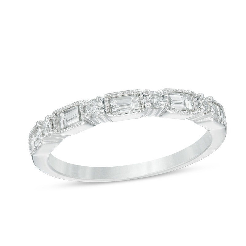Previously Owned - 1/2 CT. T.W. Baguette and Round Diamond Vintage-Style Wedding Band in 14K White Gold