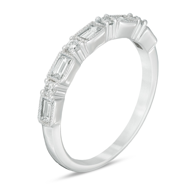 Previously Owned - 1/2 CT. T.W. Baguette and Round Diamond Vintage-Style Wedding Band in 14K White Gold