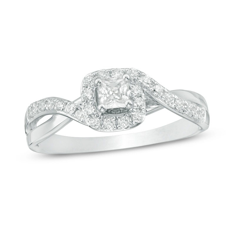 Main Image 1 of Previously Owned - 1/2 CT. T.W. Princess-Cut Diamond Swirl Bypass Frame Engagement Ring in 14K White Gold