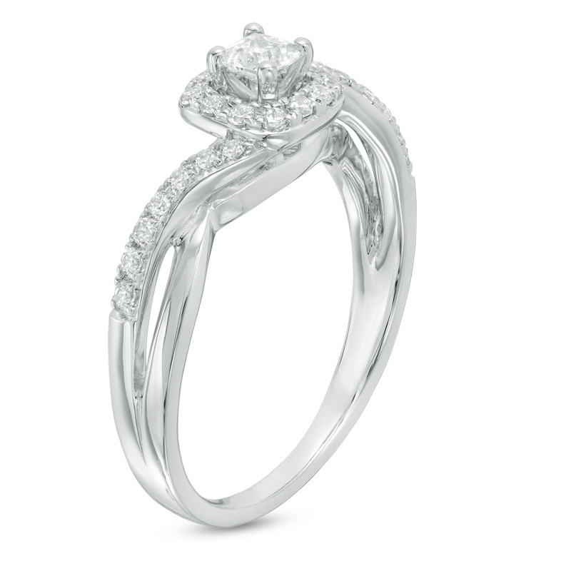 Main Image 2 of Previously Owned - 1/2 CT. T.W. Princess-Cut Diamond Swirl Bypass Frame Engagement Ring in 14K White Gold