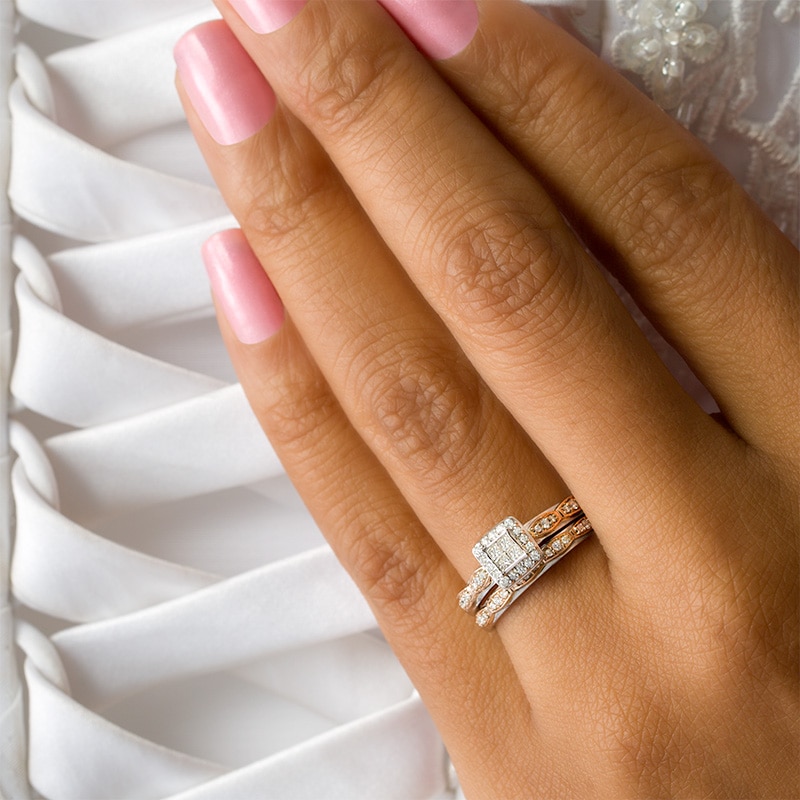 Main Image 3 of Previously Owned - 1/3 CT. T.W. Quad Princess-Cut Diamond Frame Interlocking Bridal Set in 10K Two-Tone Gold