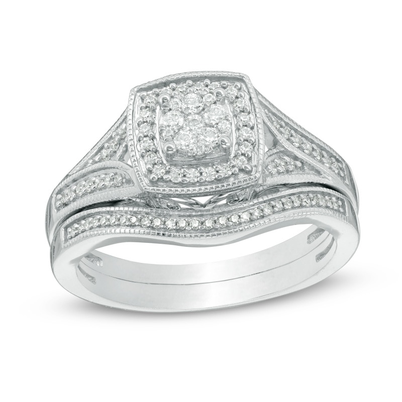 Main Image 1 of Previously Owned - 1/3 CT. T.W. Composite Diamond Cushion Frame Vintage-Style Bridal Set in Sterling Silver