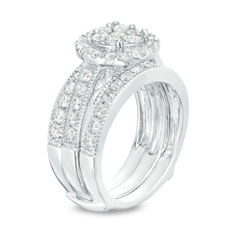 Main Image 2 of Previously Owned - 2 CT. T.W. Composite Diamond Frame Vintage Style Bridal Set in 14K White Gold