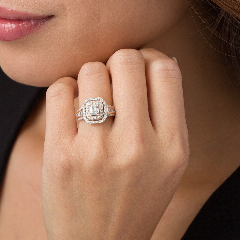 Main Image 3 of Previously Owned - 1 CT. T.W. Composite Diamond Double Rectangle Frame Engagement Ring in 14K Two-Tone Gold