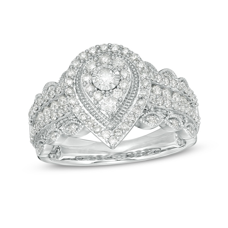 Main Image 1 of Previously Owned - 1 CT. T.W. Composite Diamond Pear-Shaped Double Vintage-Style Engagement Ring in 10K White Gold