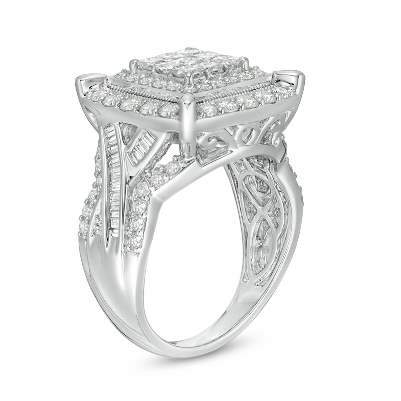 Previously Owned - 2 CT. T.W. Composite Princess-Cut Diamond Frame Vintage-Style Engagement Ring in 10K White Gold