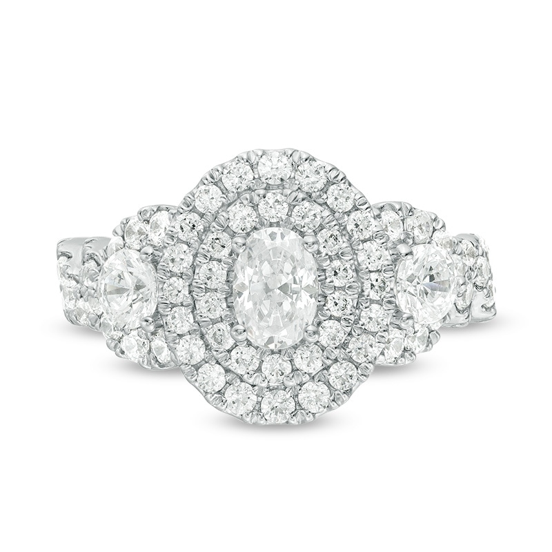 Main Image 4 of Previously Owned - Celebration Ideal 1-3/4 CT. T.W. Oval Diamond Double Frame Engagement Ring in 14K White Gold
