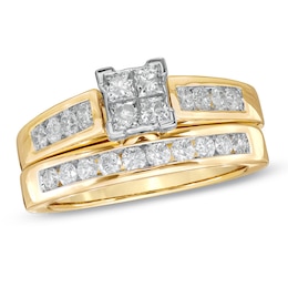 Previously Owned - 1 CT. T.W. Quad Square-Cut Diamond Bridal Set in 14K Gold