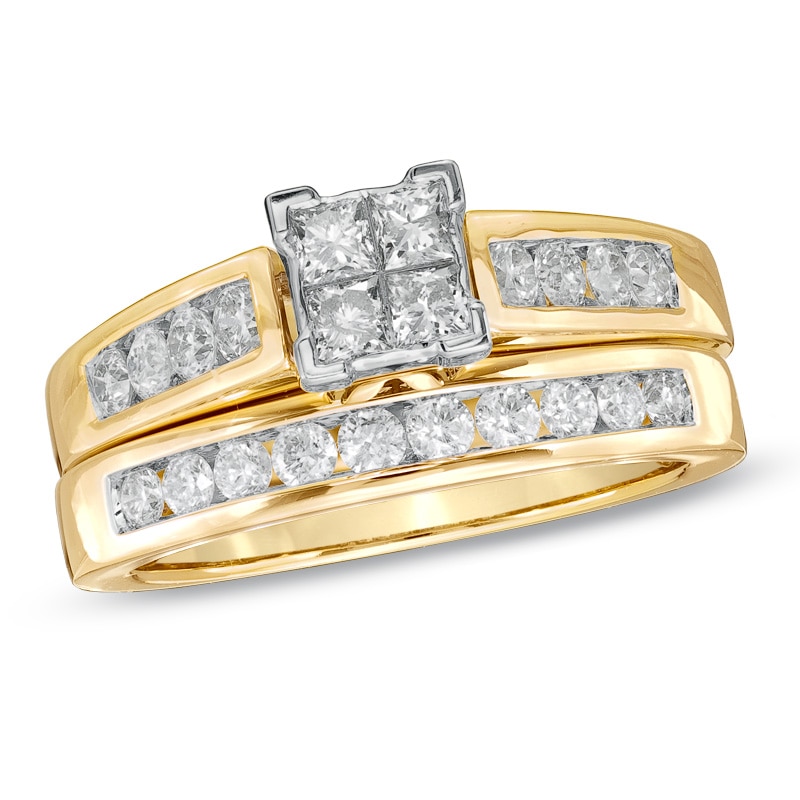 Main Image 1 of Previously Owned - 1 CT. T.W. Quad Square-Cut Diamond Bridal Set in 14K Gold