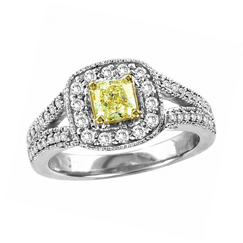 Main Image 1 of Previously Owned - 1 CT. T.W. Radiant-Cut Natural Fancy Yellow and White Diamond Framed Ring in 18K White Gold