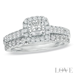 Previously Owned - Vera Wang Love Collection 1-1/2 CT. T.W. Cushion-Cut Diamond Frame Bridal Set in 14K White Gold