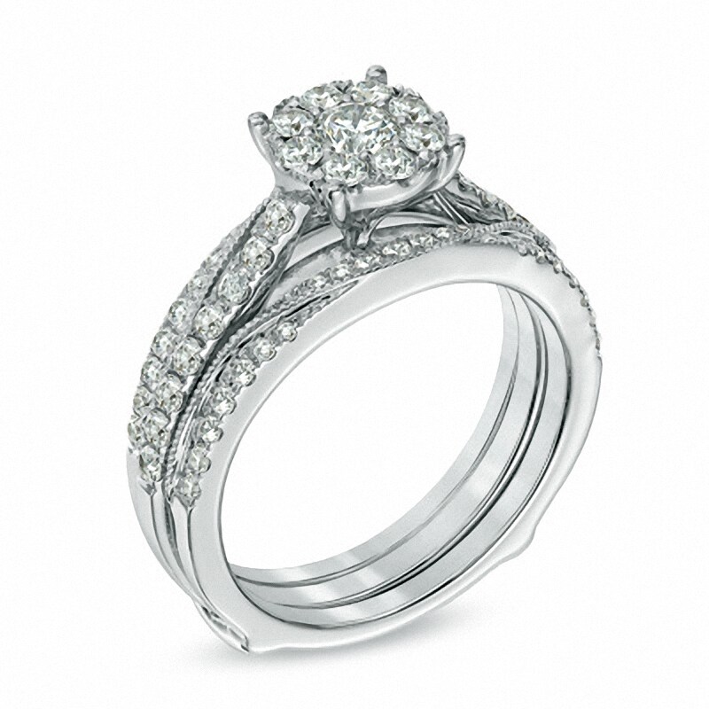 Main Image 2 of Previously Owned - 1 CT. T.W. Diamond Cluster Vintage-Style Bridal Set in 14K White Gold