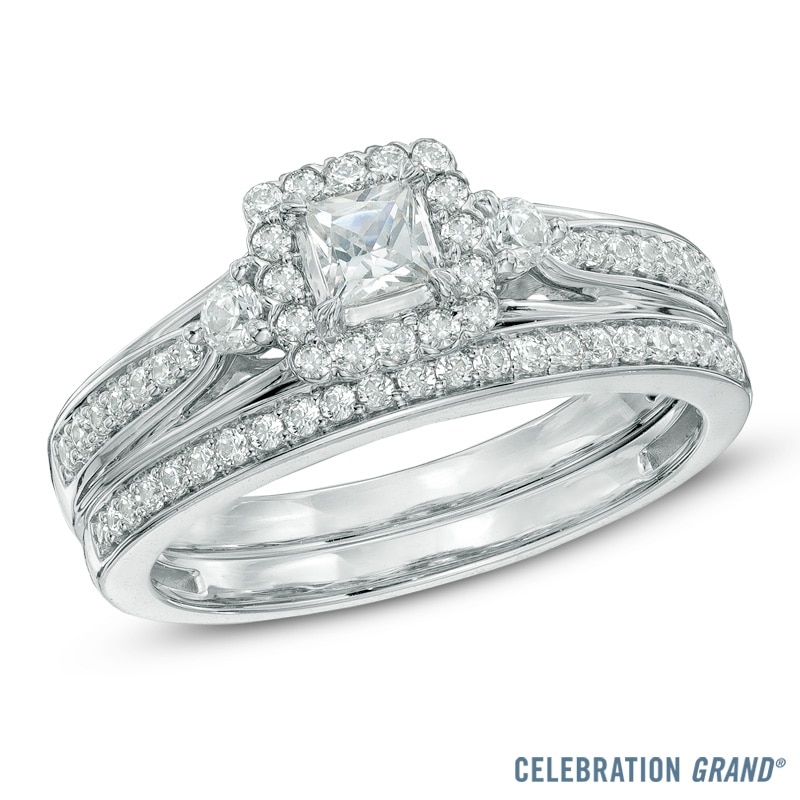 Main Image 1 of Previously Owned - Celebration Grand® 5/8 CT. T.W. Princess-Cut Diamond Frame Bridal Set in 14K White Gold (H-I/I1)