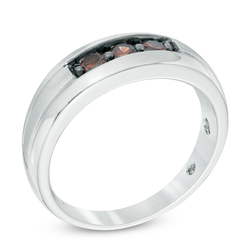 Main Image 2 of Previously Owned - 1/2 CT. T.W. Enhanced Champagne Diamond Three Stone Wedding Band in 10K White Gold