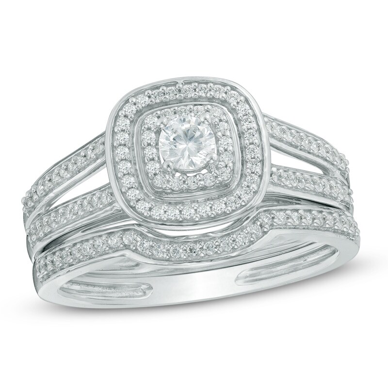 Main Image 1 of Previously Owned - 1/2 CT. T.W. Diamond Cushion Frame Split Shank Bridal Set In 10K White Gold