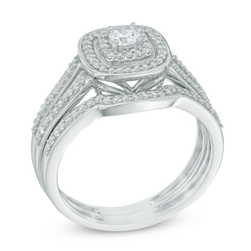 Main Image 2 of Previously Owned - 1/2 CT. T.W. Diamond Cushion Frame Split Shank Bridal Set In 10K White Gold