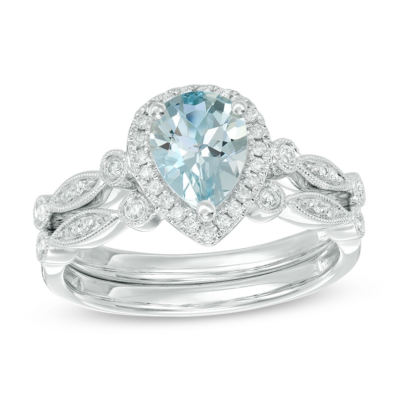 Main Image 1 of Previously Owned - Pear-Shaped Aquamarine and 1/6 CT. T.W. Diamond Frame Vintage-Style Bridal Set in 14K White Gold