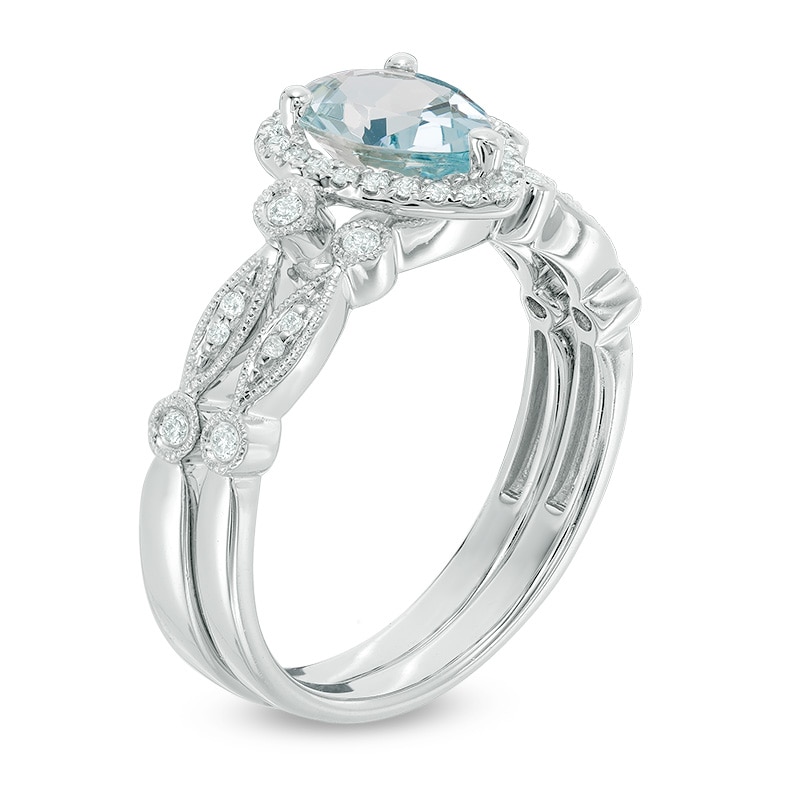 Main Image 2 of Previously Owned - Pear-Shaped Aquamarine and 1/6 CT. T.W. Diamond Frame Vintage-Style Bridal Set in 14K White Gold