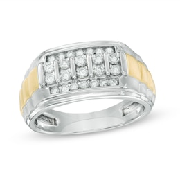 Previously Owned - Men's 1/2 CT. T.W. Diamond Multi-Row Stepped Ring in 10K Two-Tone Gold