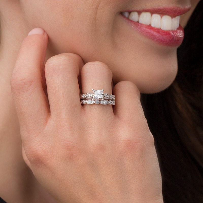 Main Image 4 of Previously Owned 1 CT. T.W. Princess-Cut Diamond Vintage-Style Soldered Bridal Set in 14K White Gold