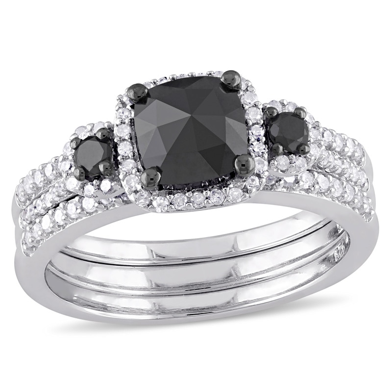 Main Image 1 of Previously Owned - 1-3/4 CT. T.W. Cushion-Cut Enhanced Black and White Diamond Three Stone Bridal Set in Sterling Silver