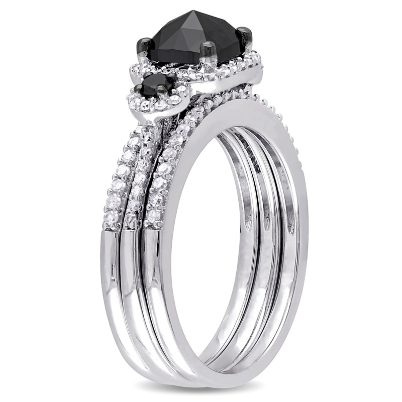 Main Image 2 of Previously Owned - 1-3/4 CT. T.W. Cushion-Cut Enhanced Black and White Diamond Three Stone Bridal Set in Sterling Silver