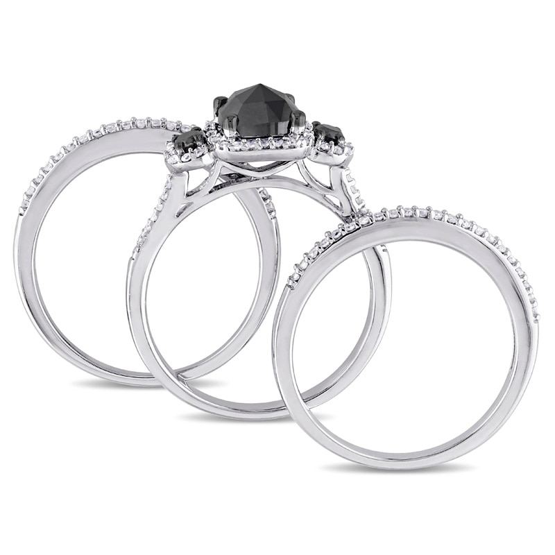 Main Image 3 of Previously Owned - 1-3/4 CT. T.W. Cushion-Cut Enhanced Black and White Diamond Three Stone Bridal Set in Sterling Silver