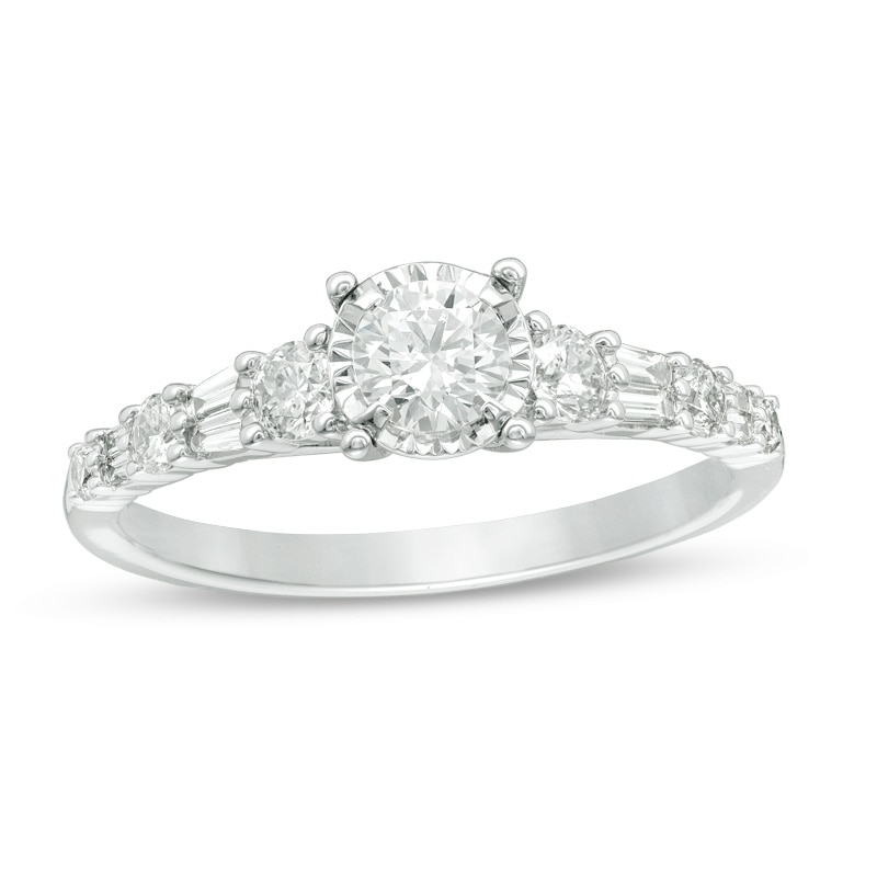 Previously Owned - 3/4 CT. T.W. Diamond Alternating Engagement Ring in 14K White Gold