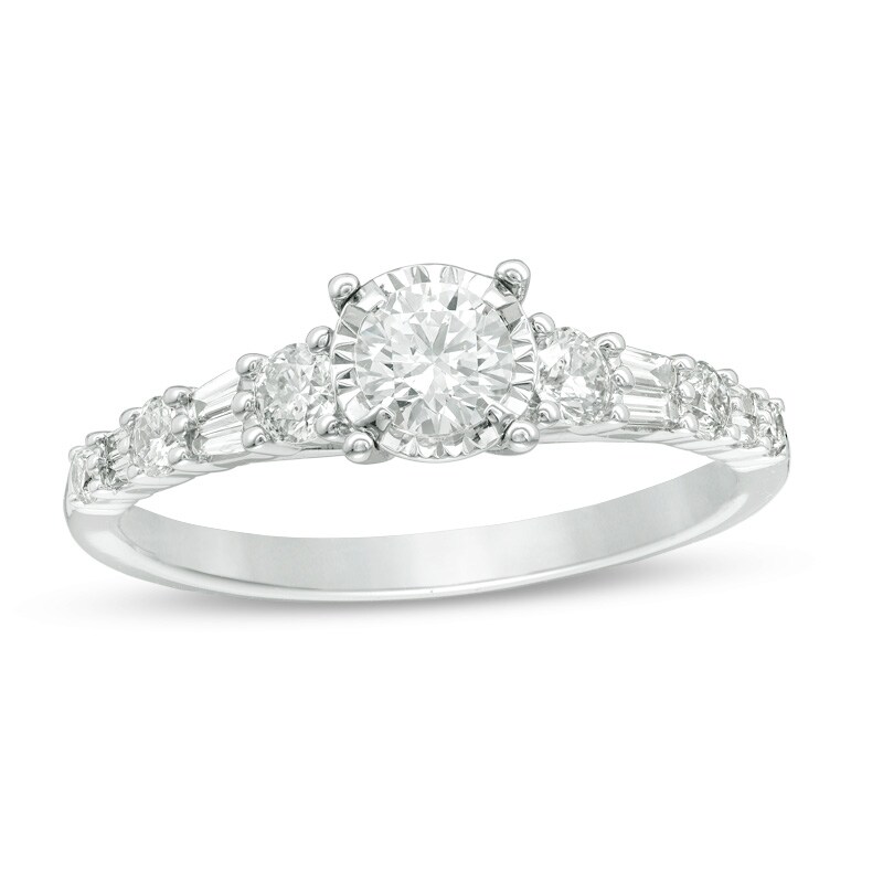 Main Image 1 of Previously Owned - 3/4 CT. T.W. Diamond Alternating Engagement Ring in 14K White Gold