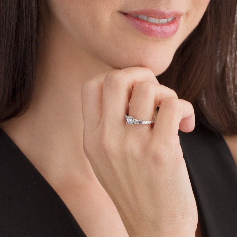Main Image 3 of Previously Owned - 3/4 CT. T.W. Diamond Alternating Engagement Ring in 14K White Gold