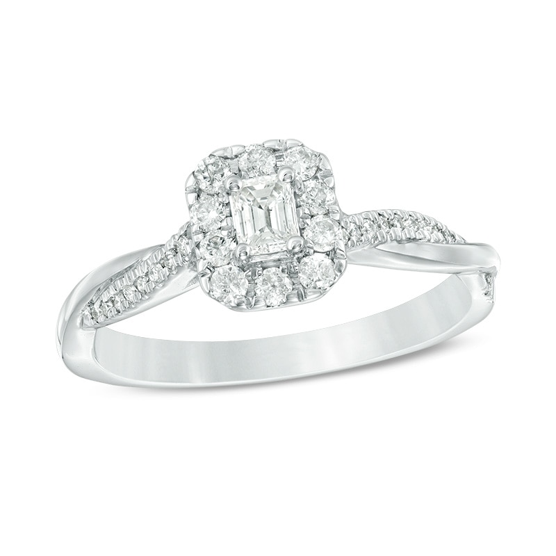 Previously Owned - 3/8 CT. T.W. Emerald-Cut Diamond Frame Twist Engagement Ring in 10K White Gold