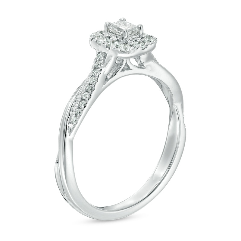 Main Image 2 of Previously Owned - 3/8 CT. T.W. Emerald-Cut Diamond Frame Twist Engagement Ring in 10K White Gold