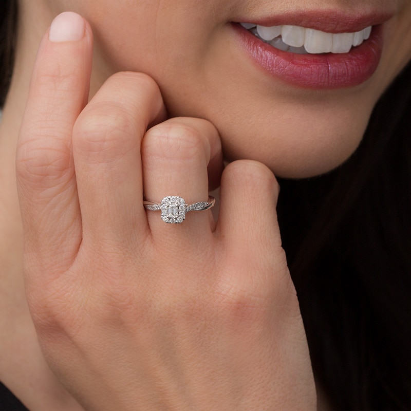Main Image 3 of Previously Owned - 3/8 CT. T.W. Emerald-Cut Diamond Frame Twist Engagement Ring in 10K White Gold