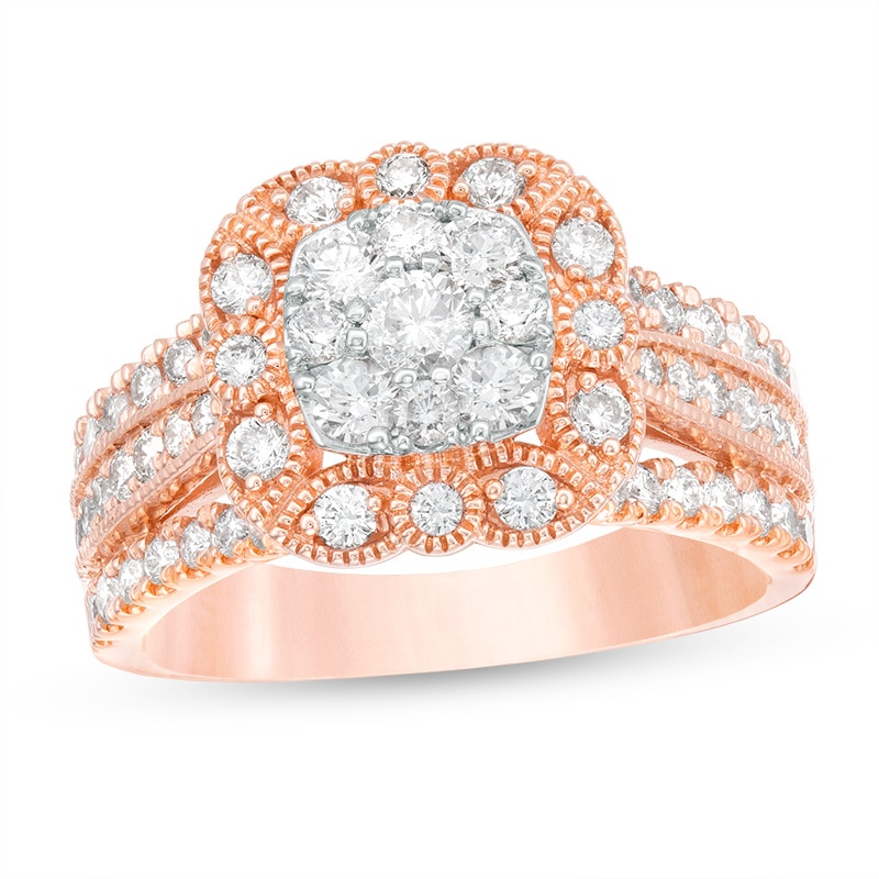 Main Image 1 of Previously Owned - 1-1/4 CT. T.W. Diamond Scallop Cushion Frame Multi-Row Vintage-Style Engagement Ring in 14K Rose Gold