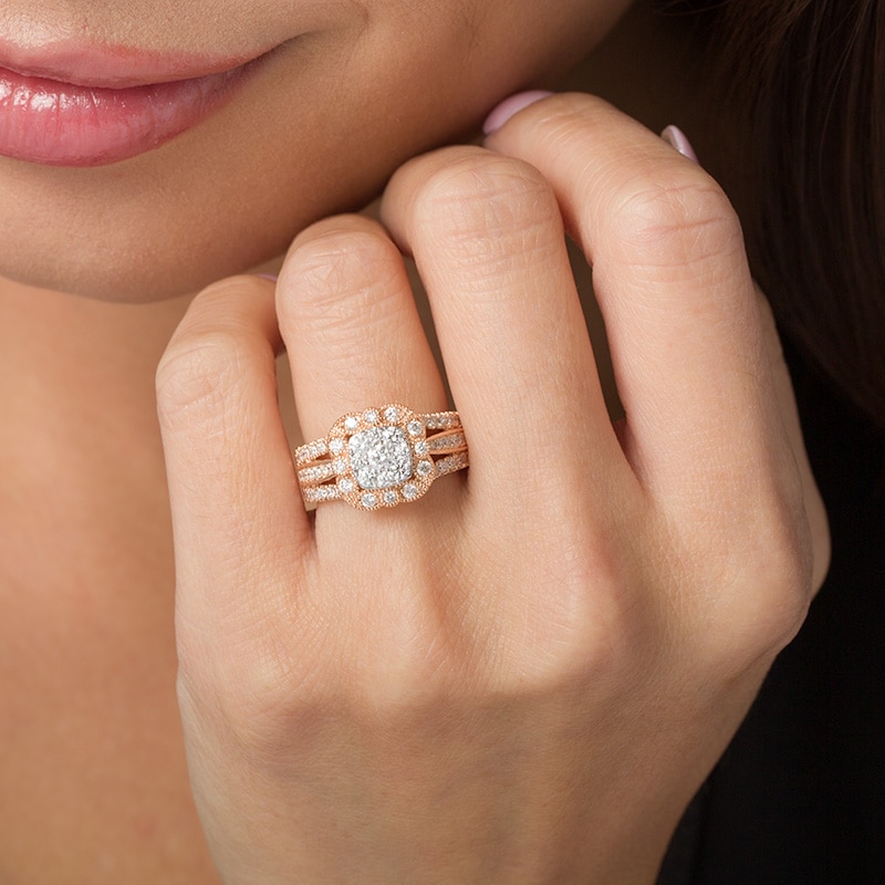 Main Image 2 of Previously Owned - 1-1/4 CT. T.W. Diamond Scallop Cushion Frame Multi-Row Vintage-Style Engagement Ring in 14K Rose Gold